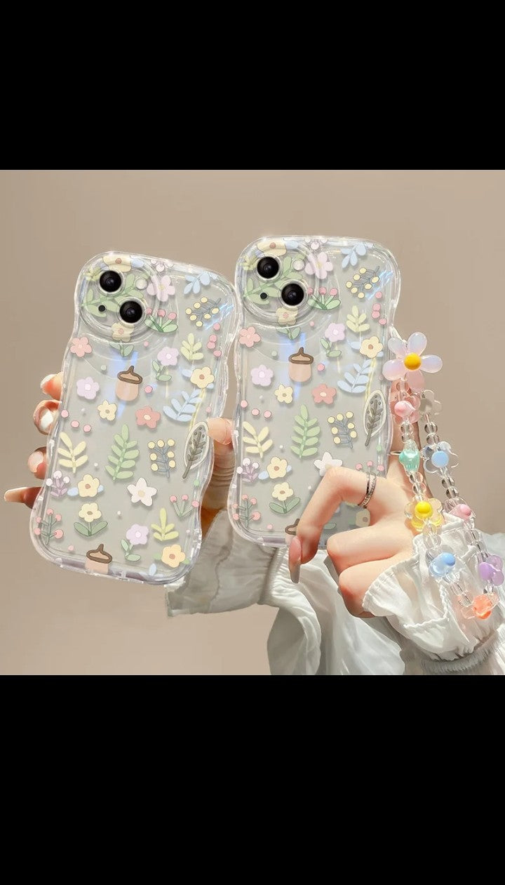 Luxury New Korea Glitter Flowers with Bracelet chain Wave phone Case for iphone 11 12 13 14 pro max protection cover