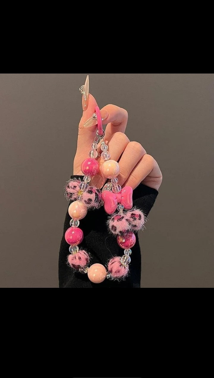 Cute pink leopard print Hair ball beaded clear clips school bag pendant Bracelet suitable for Universal iphone case Langard