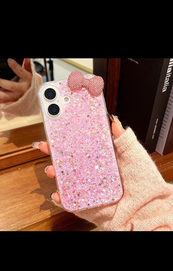 Bowknot Glitter Bling Epoxy Resin Phone Case For iphone 16 pro max TPU+PU Girl's Fashion Korean INS Style Cover for iphone 15 14