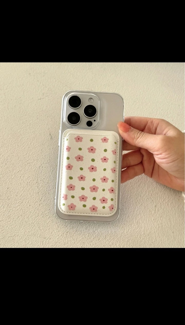INS Flower Applicable Magnetic wireless Charging card Holder PU Leather Apple for iphone 12 13 14 15 16 17 phone card Holder