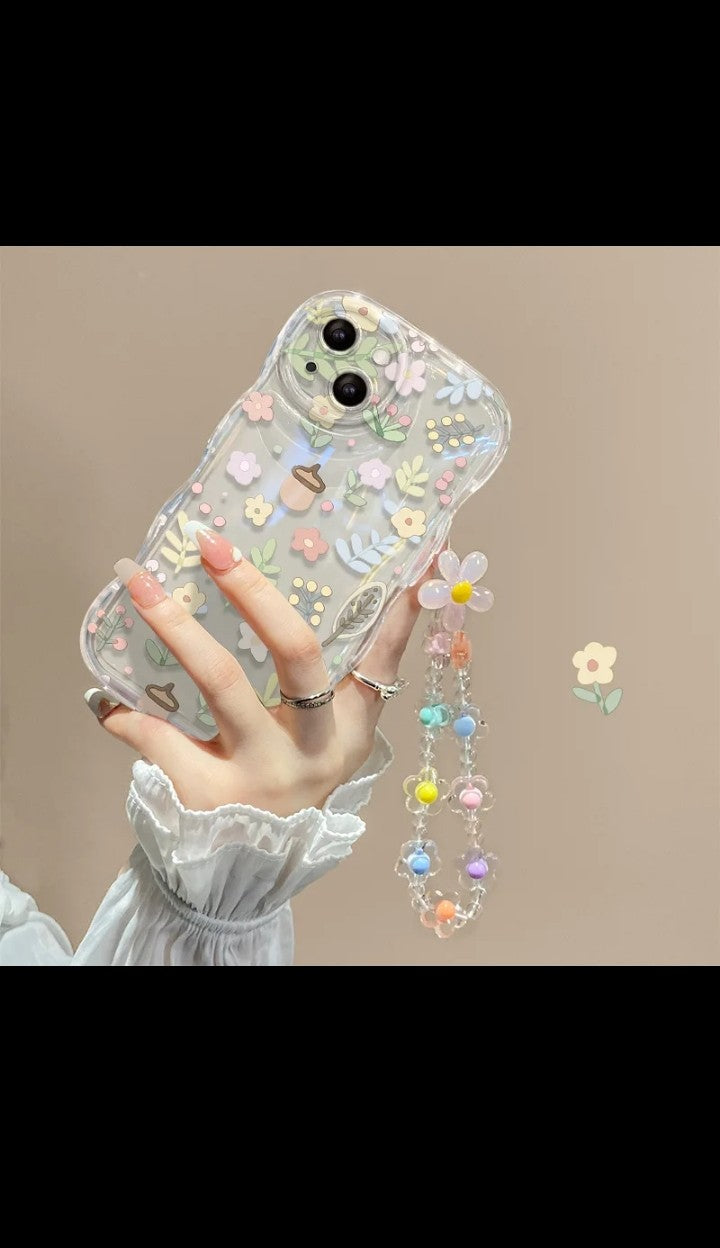 Luxury New Korea Glitter Flowers with Bracelet chain Wave phone Case for iphone 11 12 13 14 pro max protection cover