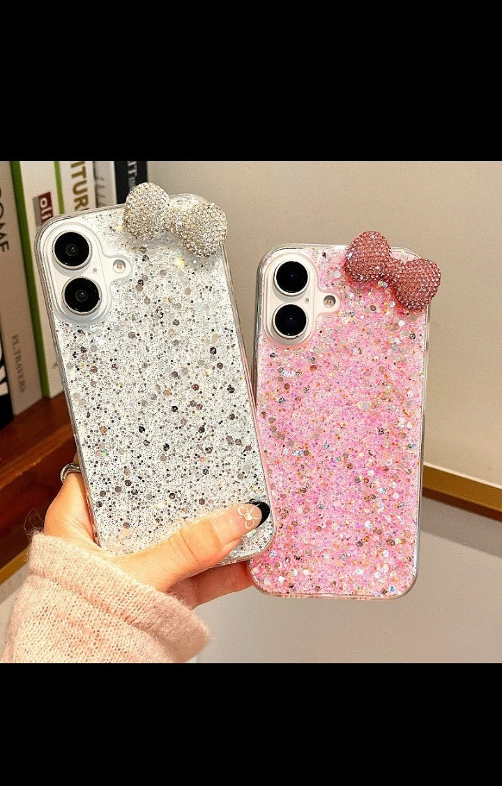 Bowknot Glitter Bling Epoxy Resin Phone Case For iphone 16 pro max TPU+PU Girl's Fashion Korean INS Style Cover for iphone 15 14
