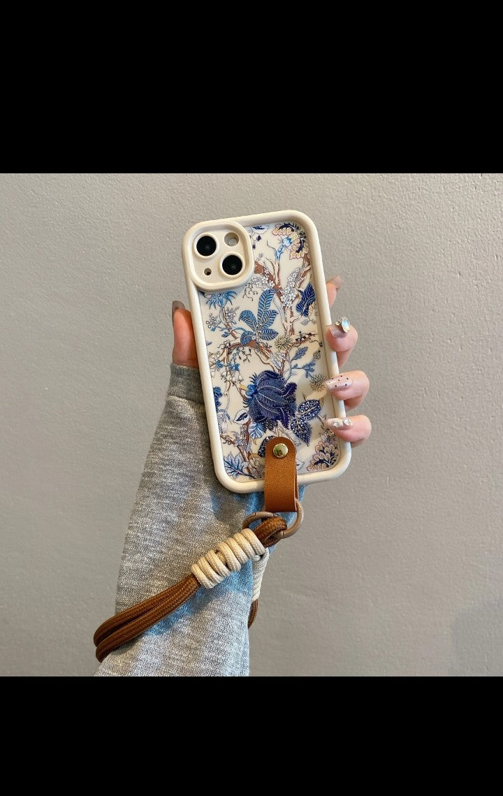 16 pro max Painting flowers for iphone 15 pro Mobile phone Case with Blue flowers Lanyard Shock Absorption White Frosted Inclusive