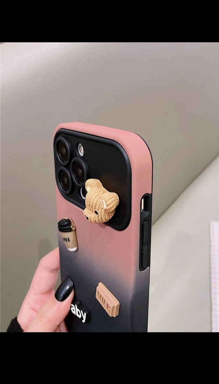 3D Bear Gradient Color Large Window Lens Frosted Silicone Phone Case Cover For iphone 16 15 14 13 12 11 pro max Plus