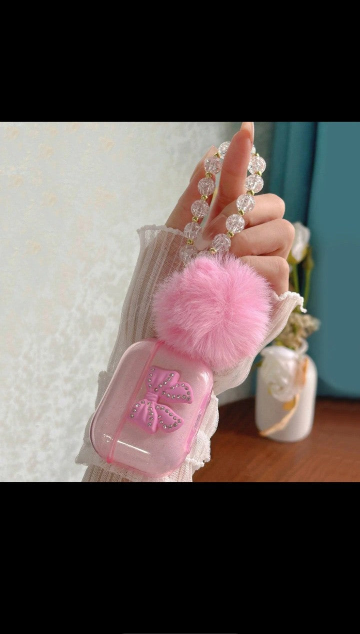 3D Diamond Ribbon with crystal Beads Bracelet Hairball Glitter for Airpods pro 12 13 14 case wireless Bluetooth silicone soft cover