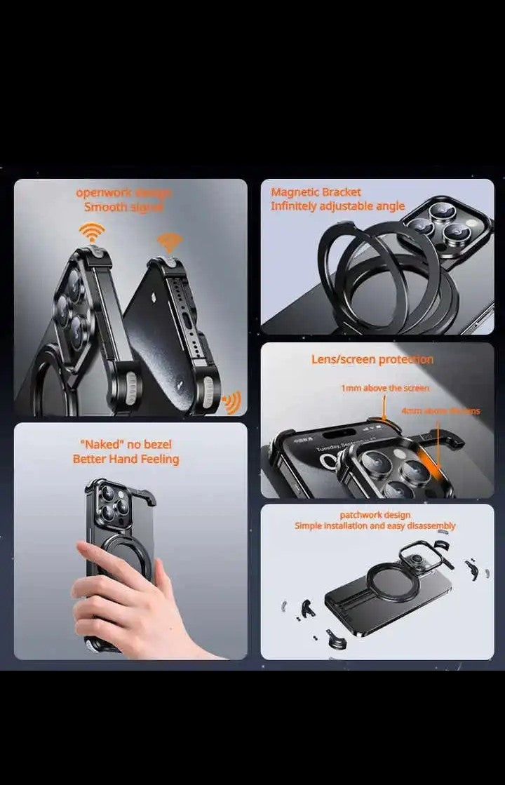 Aluminum Alloy Frameless phone Case for iphone 17 16 15 14 pro max with Ring Holder Shockproof phone Magnetic Wireless Charging