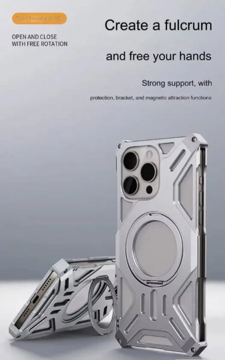 Aluminum Metal Magnetic phone Case for iphone 13 14 15 16 pro max shockproof Armer Bumper with 360 Rotating Hidden Kickstand