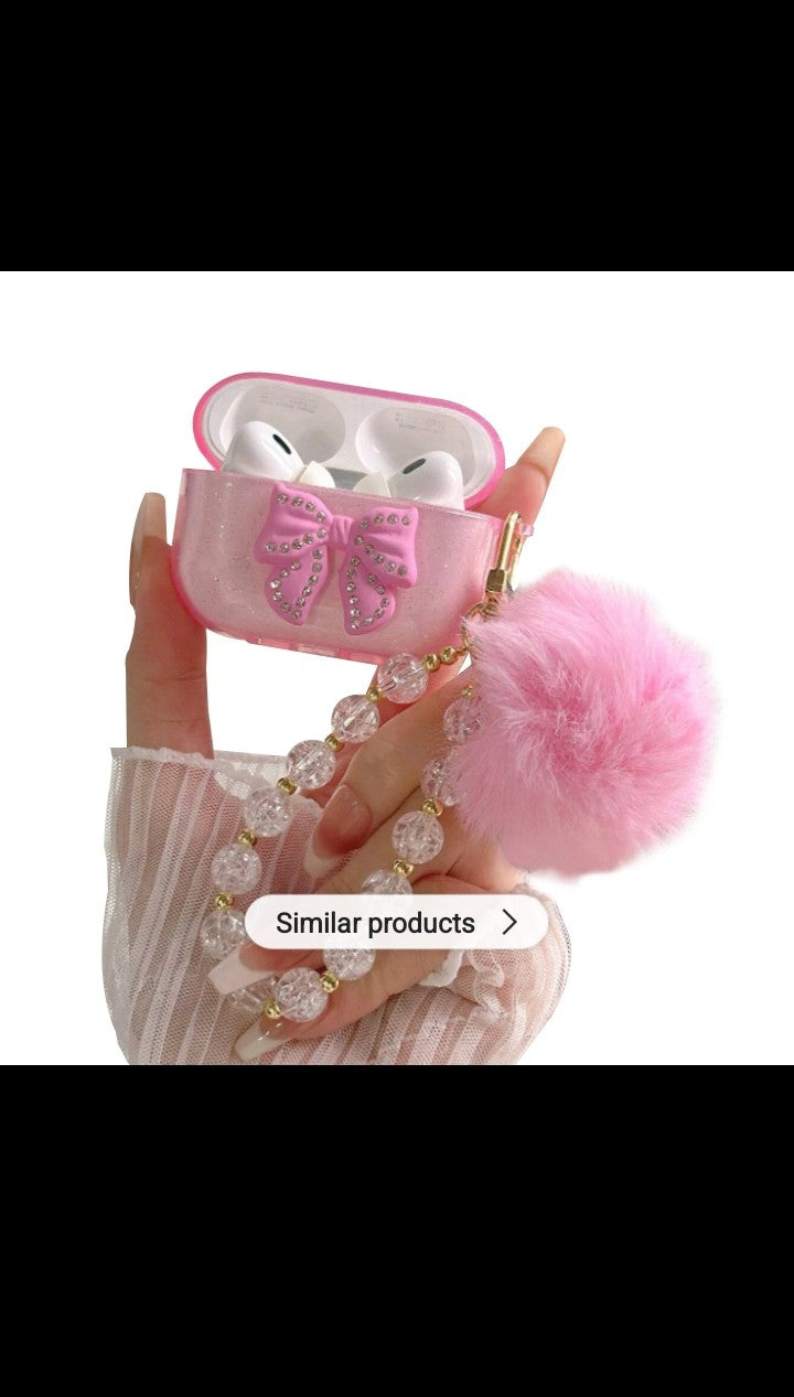 3D Diamond Ribbon with crystal Beads Bracelet Hairball Glitter for Airpods pro 12 13 14 case wireless Bluetooth silicone soft cover