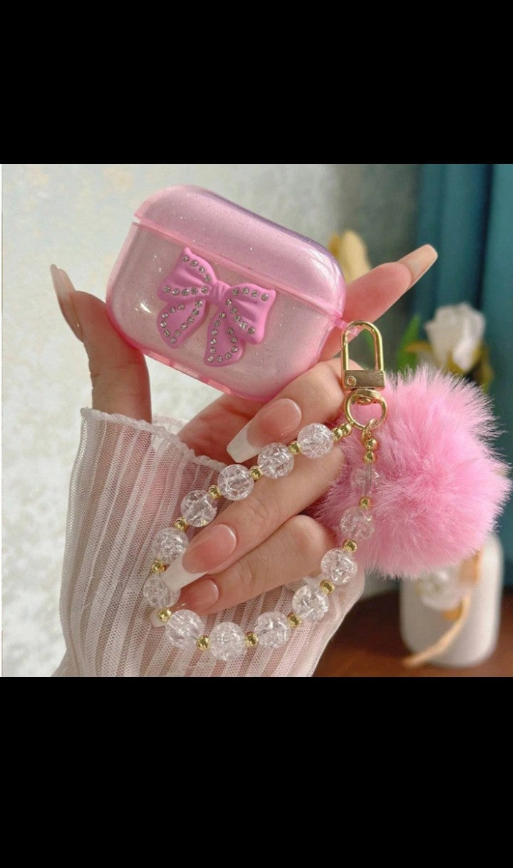 3D Diamond Ribbon with crystal Beads Bracelet Hairball Glitter for Airpods pro 12 13 14 case wireless Bluetooth silicone soft cover