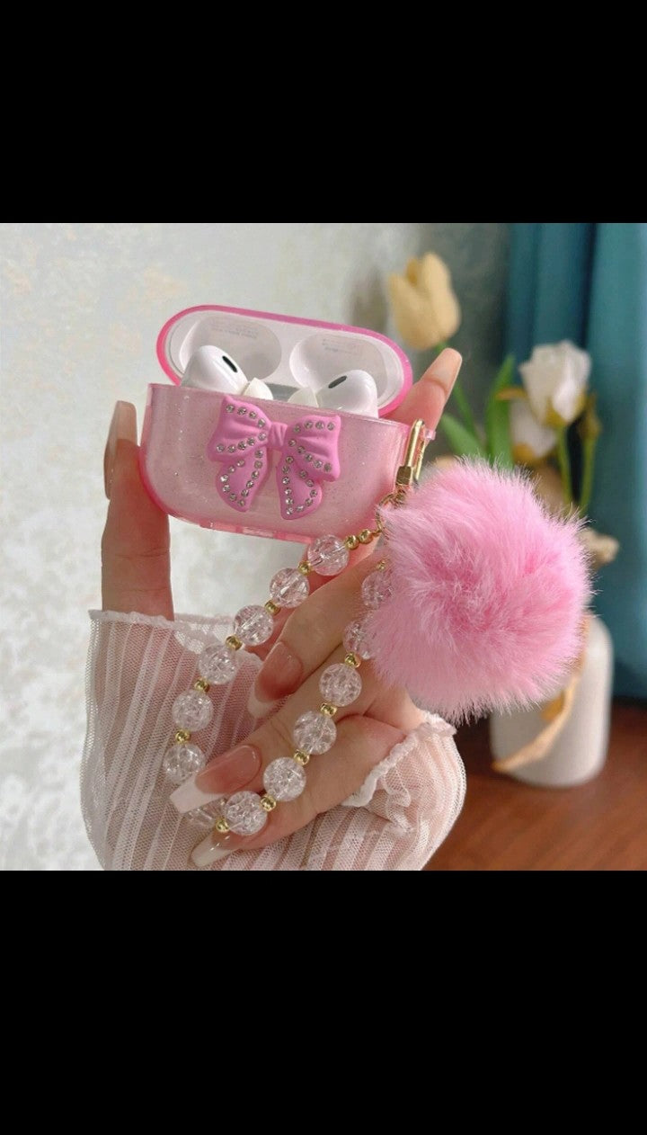 3D Diamond Ribbon with crystal Beads Bracelet Hairball Glitter for Airpods pro 12 13 14 case wireless Bluetooth silicone soft cover