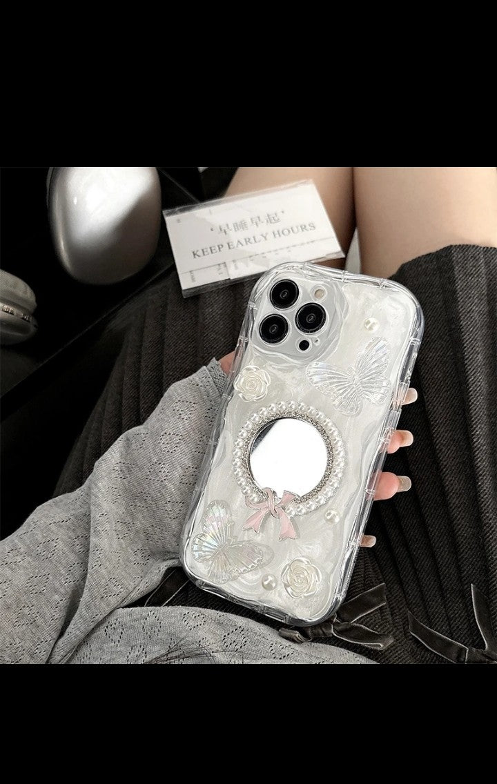 Bowknot Mirror Pearl-flower Makeup Mirror Glitter Butterfly phone Case for iphone 16 pro max 15 plus 14 pro 13 12 XS max Xr 8 7