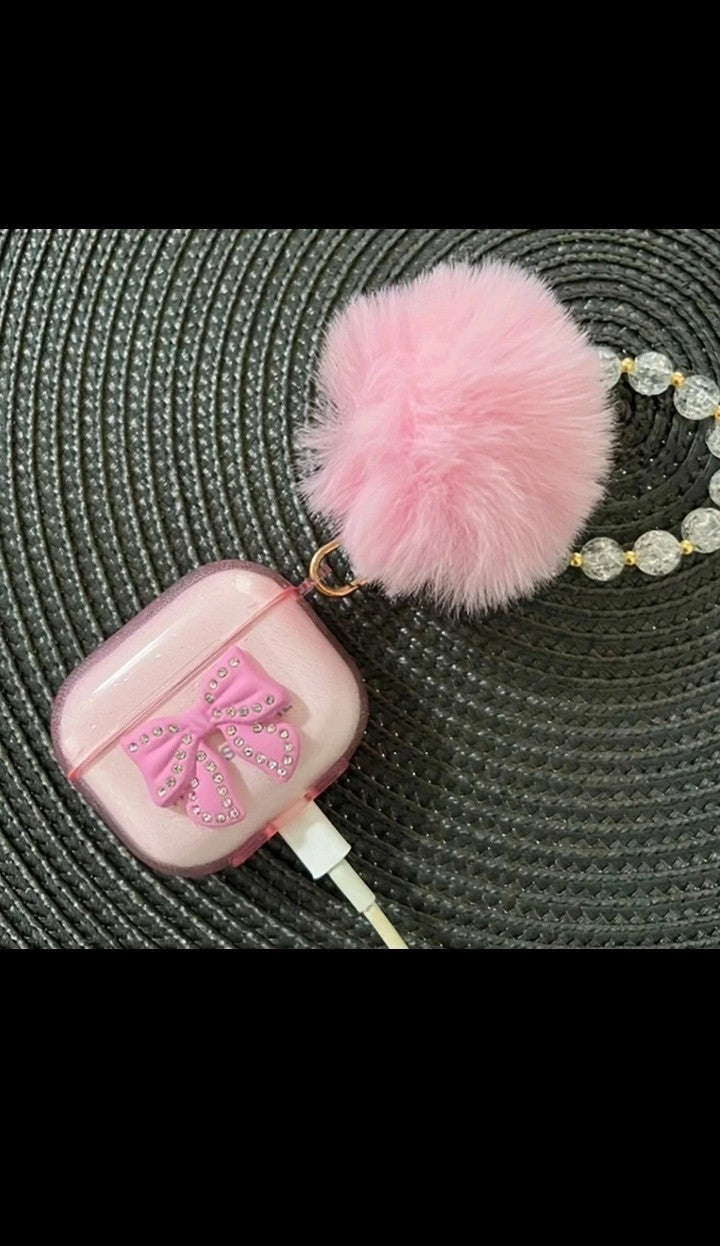 3D Diamond Ribbon with crystal Beads Bracelet Hairball Glitter for Airpods pro 12 13 14 case wireless Bluetooth silicone soft cover