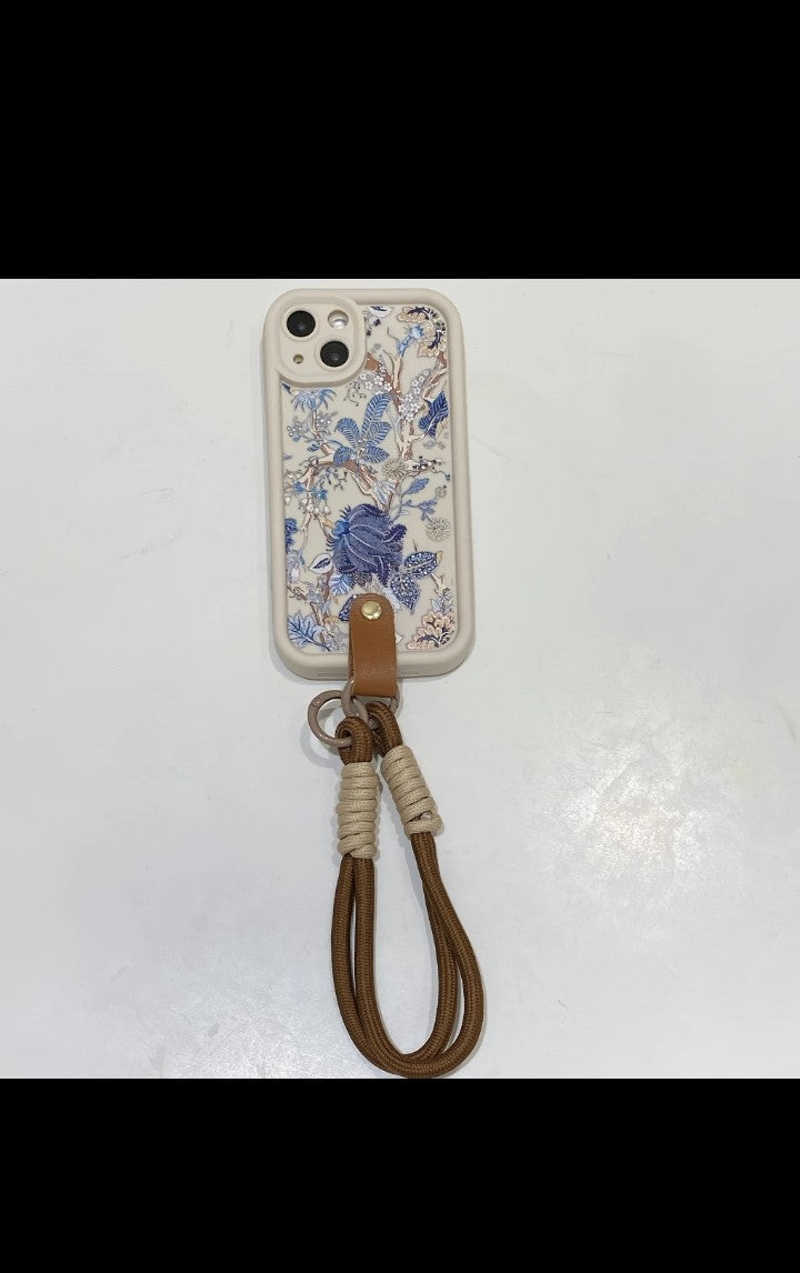 16 pro max Painting flowers for iphone 15 pro Mobile phone Case with Blue flowers Lanyard Shock Absorption White Frosted Inclusive