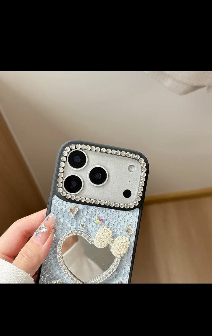 Bowknot Rhinestone Love Mirror phone case for iphone 17 pro max PU Snakeskin pattern Luxury Design iphone cover for 16 15 Plus