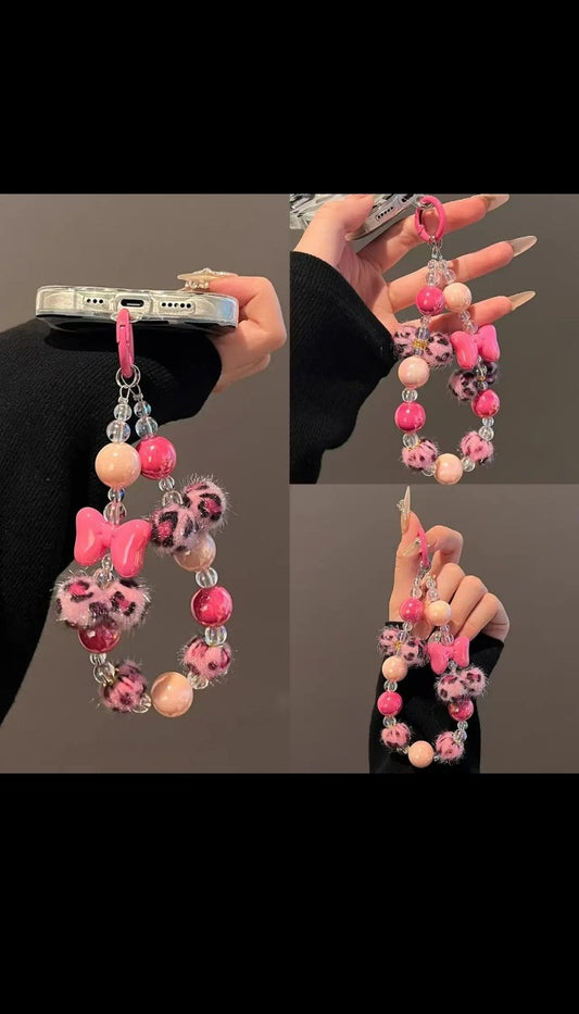 Cute pink leopard print Hair ball beaded clear clips school bag pendant Bracelet suitable for Universal iphone case Langard
