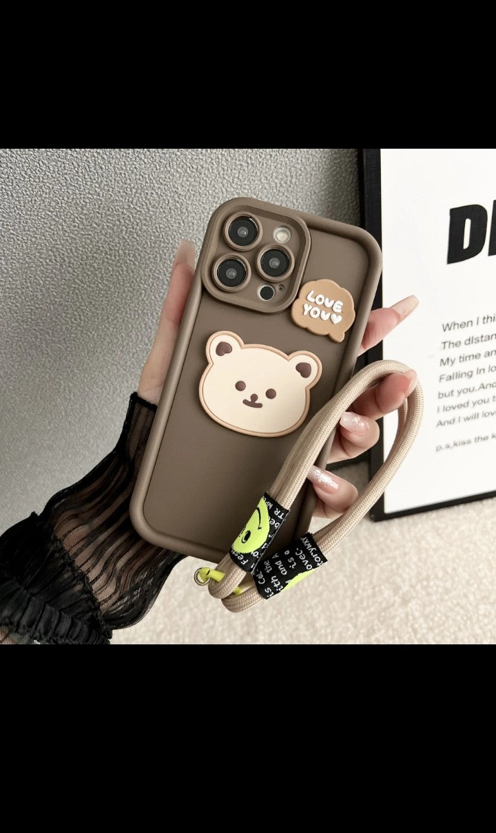 3D Cute Bear Flower Phone Case with String Rope TPU Silicone Phone Case Cover for iphone 16 15 14 13 12 11 pro max