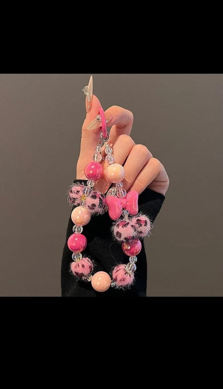 Cute pink leopard print Hair ball beaded clear clips school bag pendant Bracelet suitable for Universal iphone case Langard