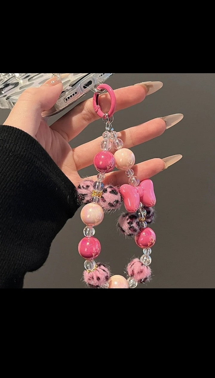 Cute pink leopard print Hair ball beaded clear clips school bag pendant Bracelet suitable for Universal iphone case Langard
