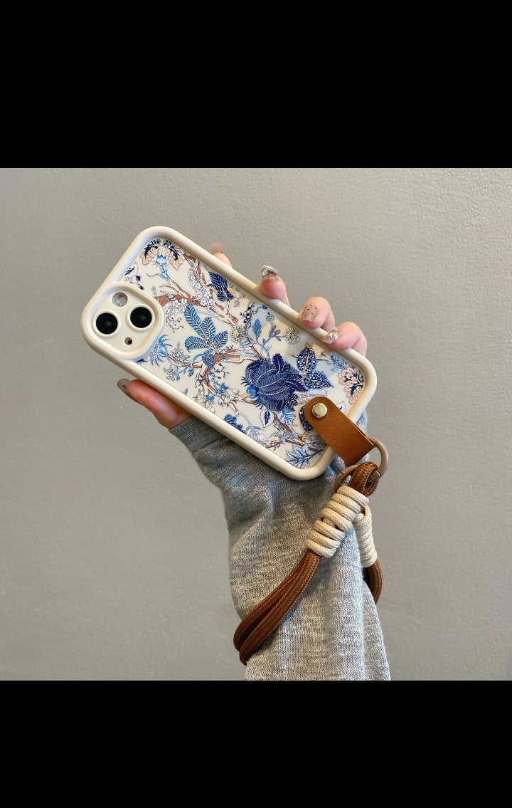 16 pro max Painting flowers for iphone 15 pro Mobile phone Case with Blue flowers Lanyard Shock Absorption White Frosted Inclusive