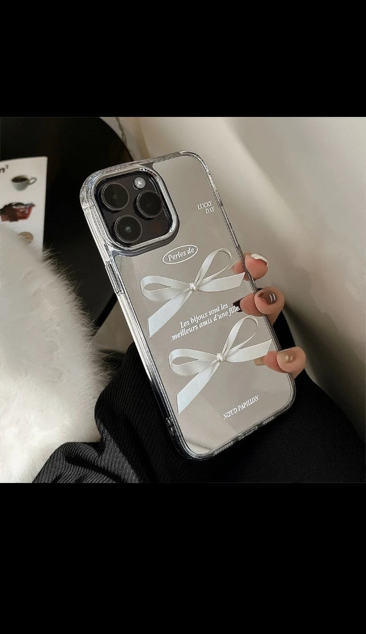 Luxury 3D Pearl Bow Mirror Surface Mobile phone case for iphone 12 13 16 17 Air pro, pro max