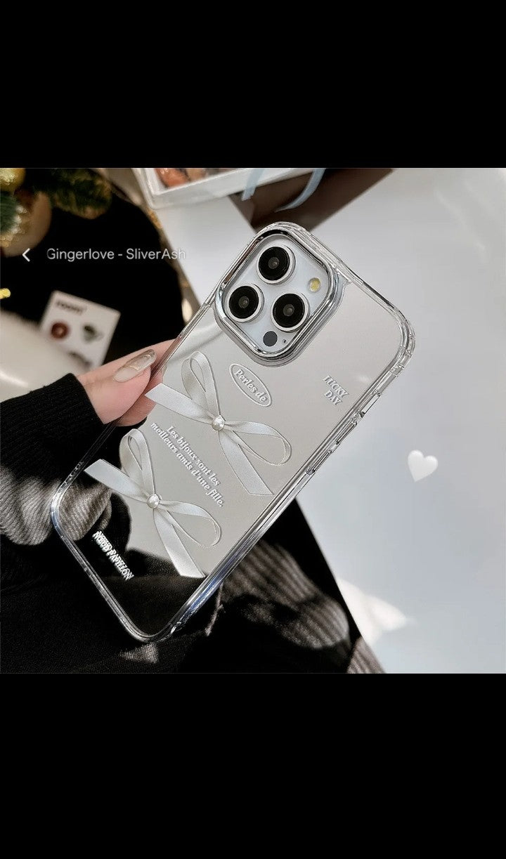 Luxury 3D Pearl Bow Mirror Surface Mobile phone case for iphone 12 13 16 17 Air pro, pro max