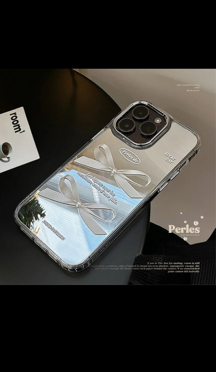 Luxury 3D Pearl Bow Mirror Surface Mobile phone case for iphone 12 13 16 17 Air pro, pro max