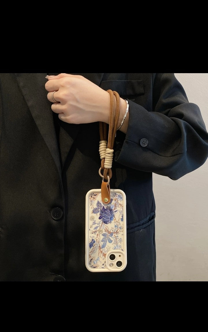 16 pro max Painting flowers for iphone 15 pro Mobile phone Case with Blue flowers Lanyard Shock Absorption White Frosted Inclusive