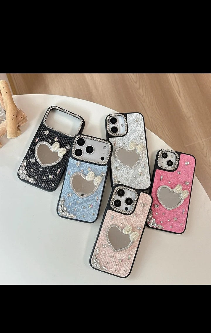Bowknot Rhinestone Love Mirror phone case for iphone 17 pro max PU Snakeskin pattern Luxury Design iphone cover for 16 15 Plus