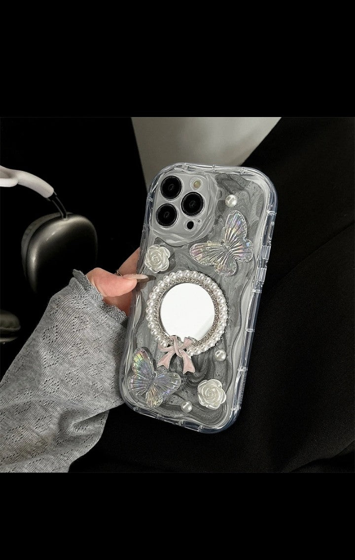 Bowknot Mirror Pearl-flower Makeup Mirror Glitter Butterfly phone Case for iphone 16 pro max 15 plus 14 pro 13 12 XS max Xr 8 7
