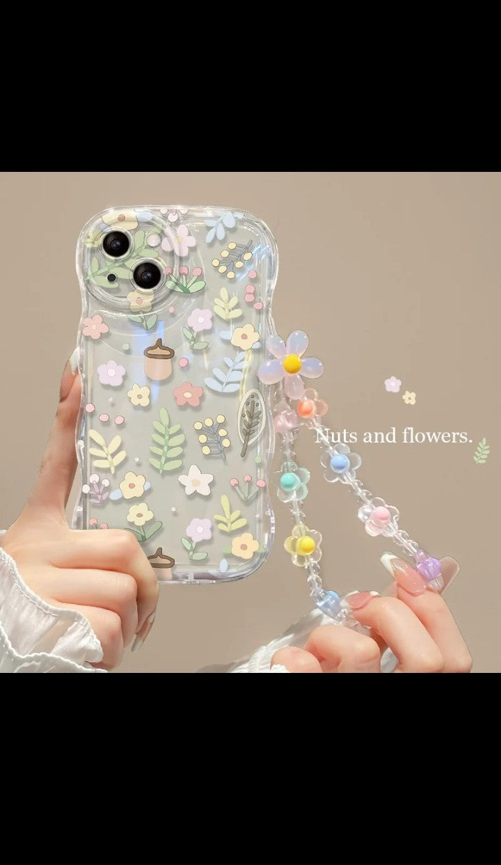 Luxury New Korea Glitter Flowers with Bracelet chain Wave phone Case for iphone 11 12 13 14 pro max protection cover