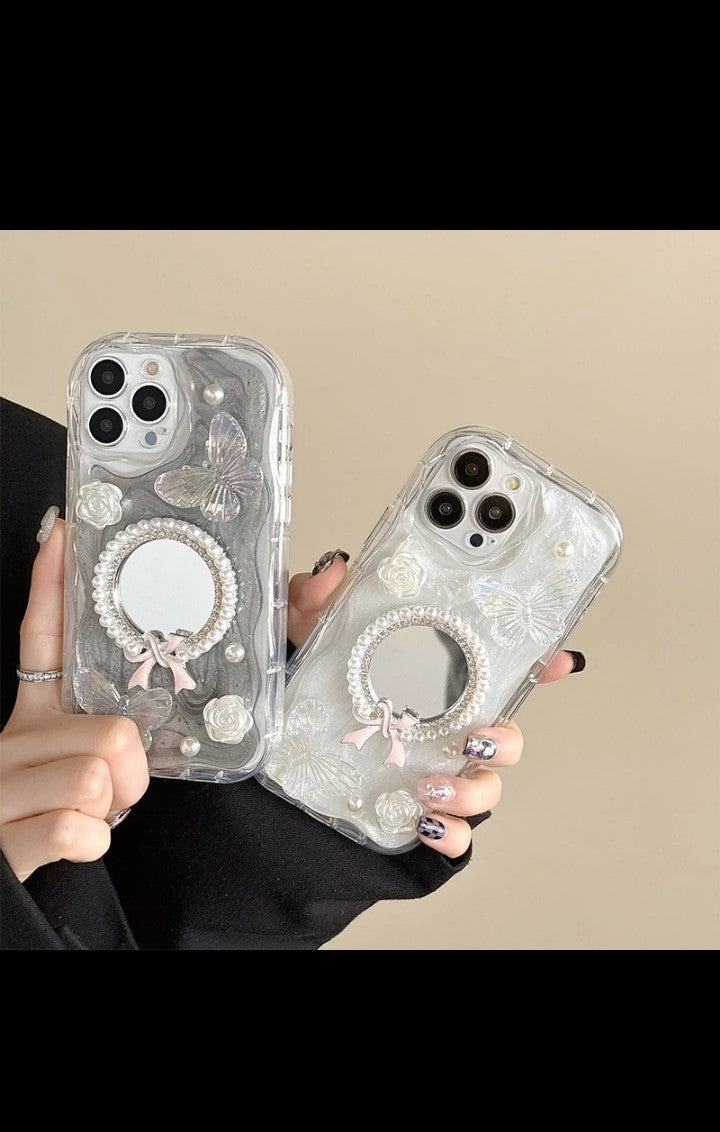 Bowknot Mirror Pearl-flower Makeup Mirror Glitter Butterfly phone Case for iphone 16 pro max 15 plus 14 pro 13 12 XS max Xr 8 7