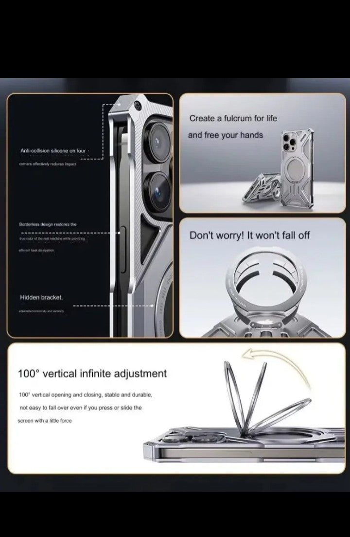 Aluminum Metal Magnetic phone Case for iphone 13 14 15 16 pro max shockproof Armer Bumper with 360 Rotating Hidden Kickstand