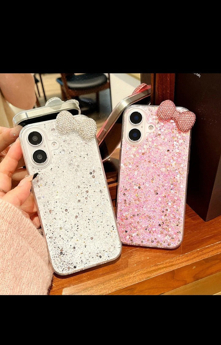Bowknot Glitter Bling Epoxy Resin Phone Case For iphone 16 pro max TPU+PU Girl's Fashion Korean INS Style Cover for iphone 15 14