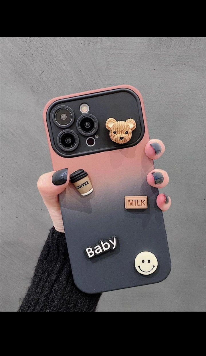 3D Bear Gradient Color Large Window Lens Frosted Silicone Phone Case Cover For iphone 16 15 14 13 12 11 pro max Plus
