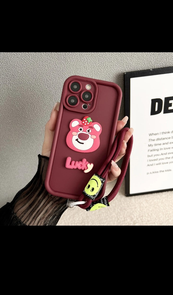 3D Cute Bear Flower Phone Case with String Rope TPU Silicone Phone Case Cover for iphone 16 15 14 13 12 11 pro max
