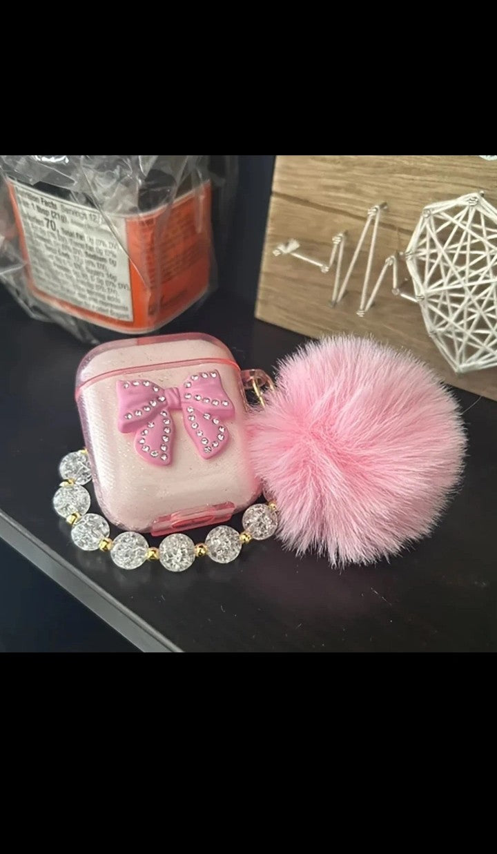 3D Diamond Ribbon with crystal Beads Bracelet Hairball Glitter for Airpods pro 12 13 14 case wireless Bluetooth silicone soft cover