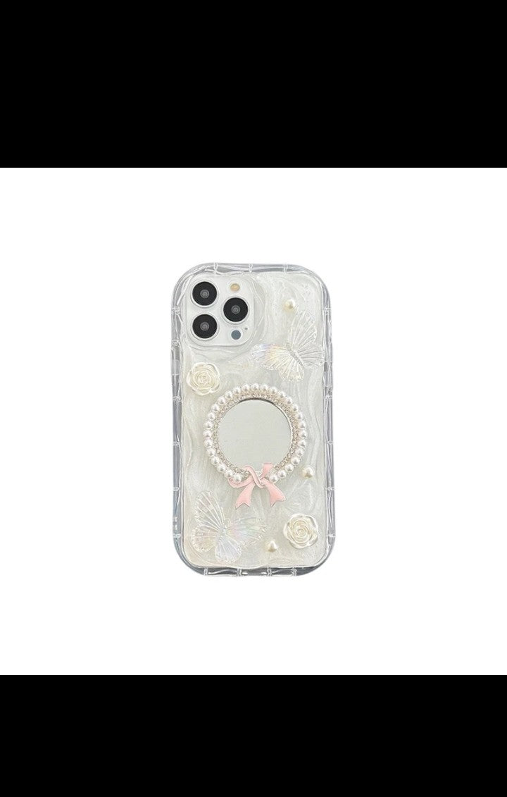 Bowknot Mirror Pearl-flower Makeup Mirror Glitter Butterfly phone Case for iphone 16 pro max 15 plus 14 pro 13 12 XS max Xr 8 7