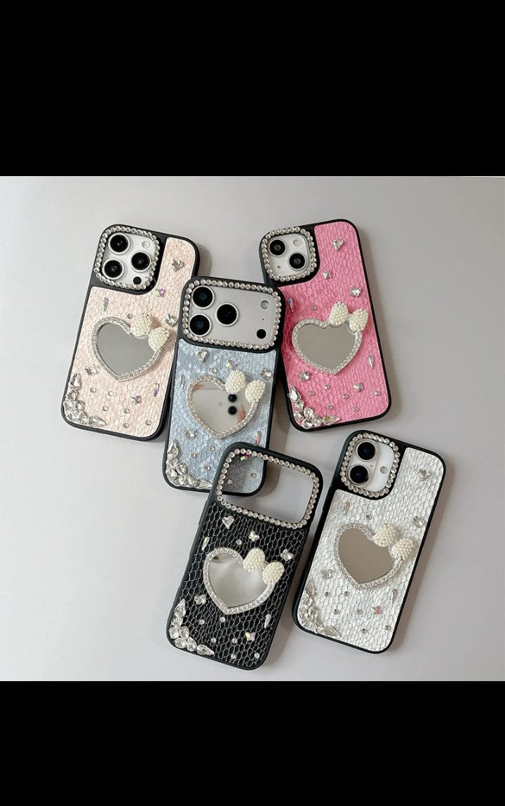 Bowknot Rhinestone Love Mirror phone case for iphone 17 pro max PU Snakeskin pattern Luxury Design iphone cover for 16 15 Plus