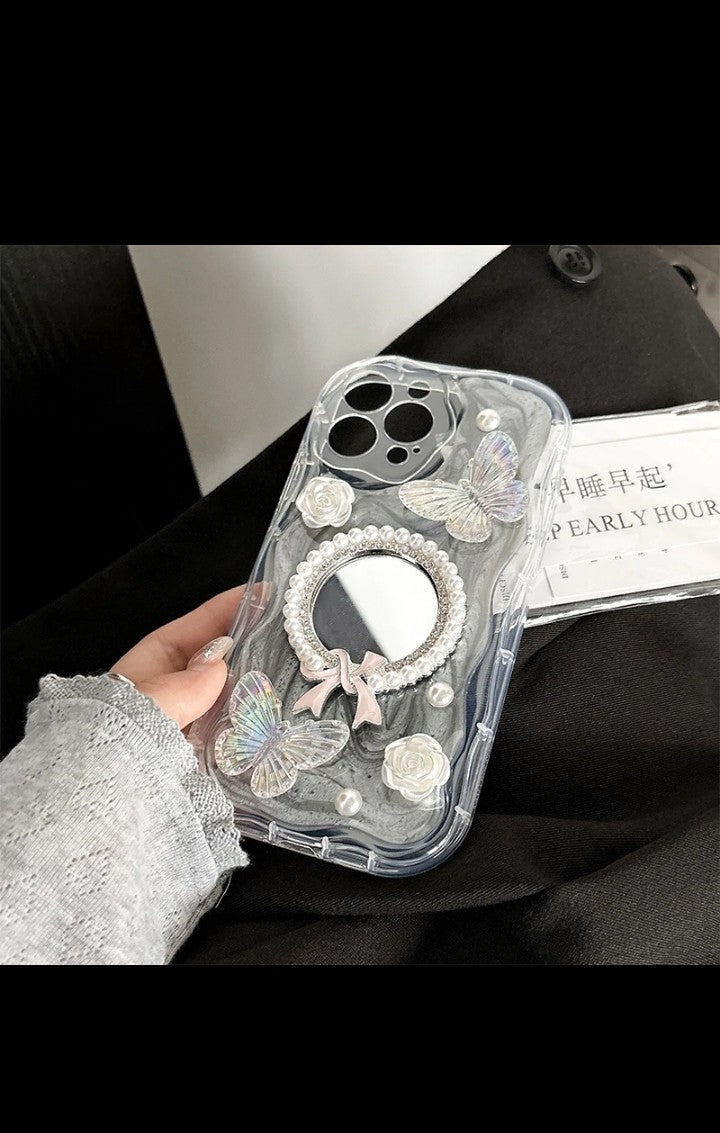 Bowknot Mirror Pearl-flower Makeup Mirror Glitter Butterfly phone Case for iphone 16 pro max 15 plus 14 pro 13 12 XS max Xr 8 7