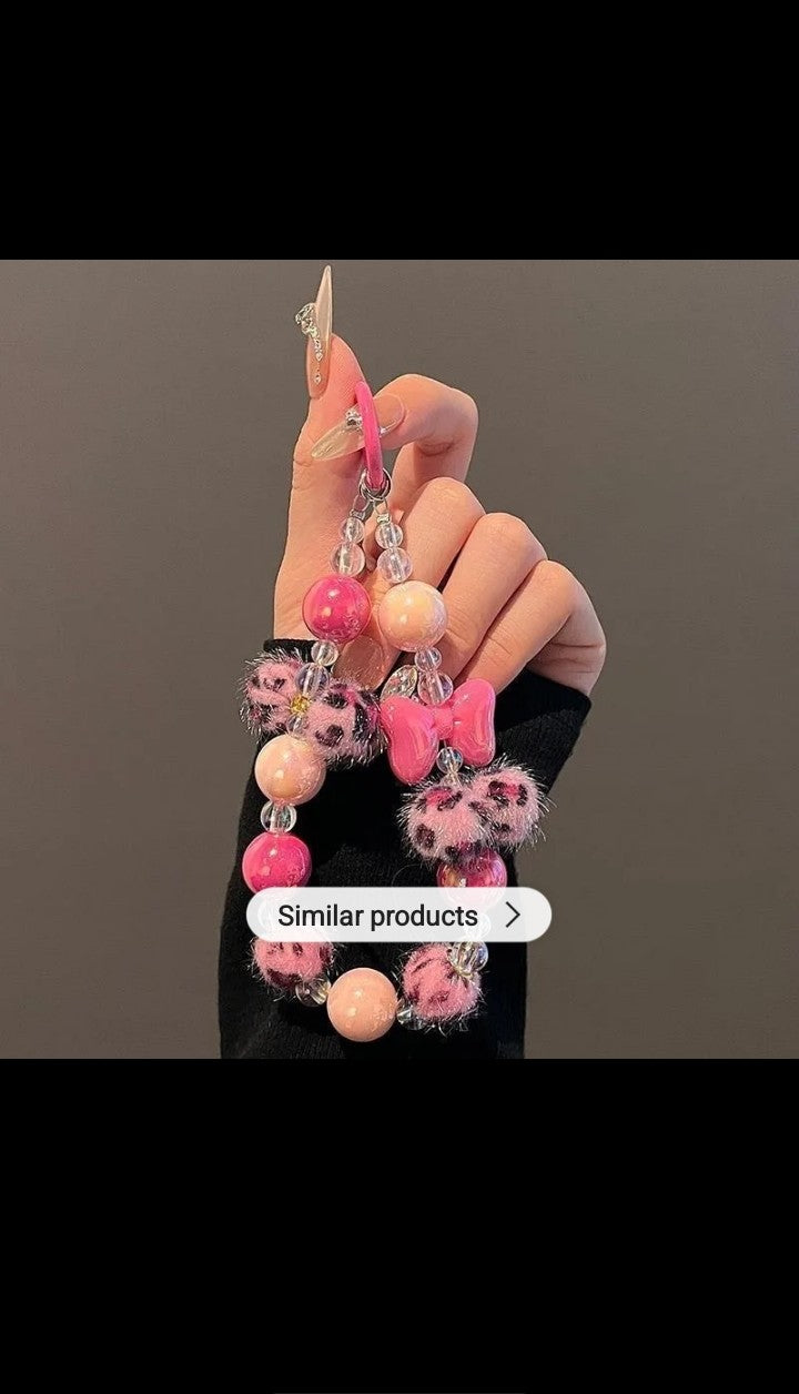 Cute pink leopard print Hair ball beaded clear clips school bag pendant Bracelet suitable for Universal iphone case Langard