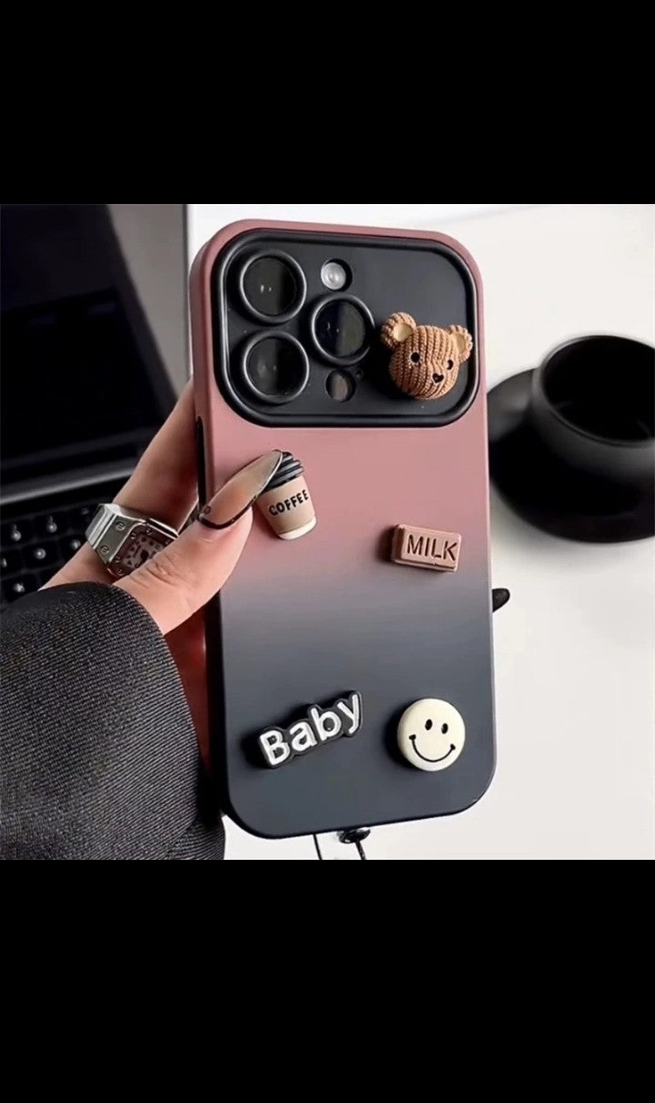 3D Bear Gradient Color Large Window Lens Frosted Silicone Phone Case Cover For iphone 16 15 14 13 12 11 pro max Plus