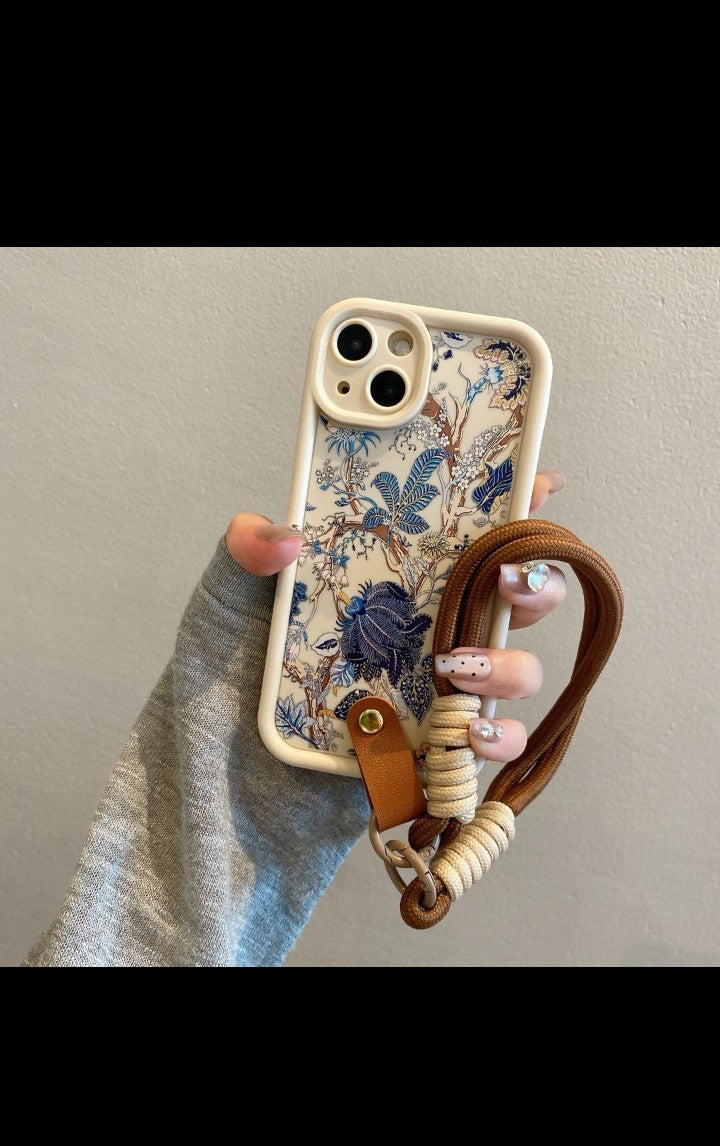 16 pro max Painting flowers for iphone 15 pro Mobile phone Case with Blue flowers Lanyard Shock Absorption White Frosted Inclusive