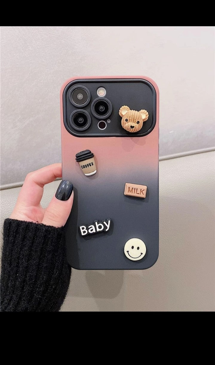 3D Bear Gradient Color Large Window Lens Frosted Silicone Phone Case Cover For iphone 16 15 14 13 12 11 pro max Plus