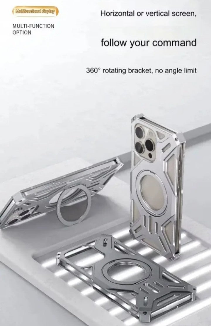 Aluminum Metal Magnetic phone Case for iphone 13 14 15 16 pro max shockproof Armer Bumper with 360 Rotating Hidden Kickstand